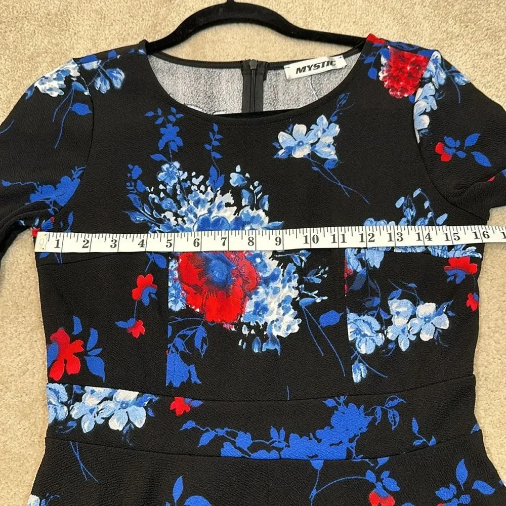 Mystic Black Floral Mini Skater Fit Flare Dress Dark Romantic Women Size Large